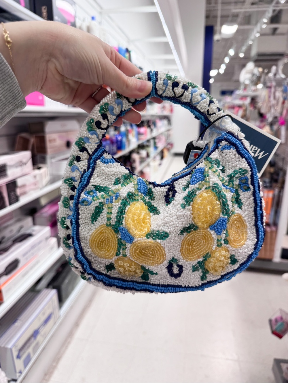 NWT Viral Beaded Bag Lemon Made In India White Yellow Blue - Picture 2 of 2